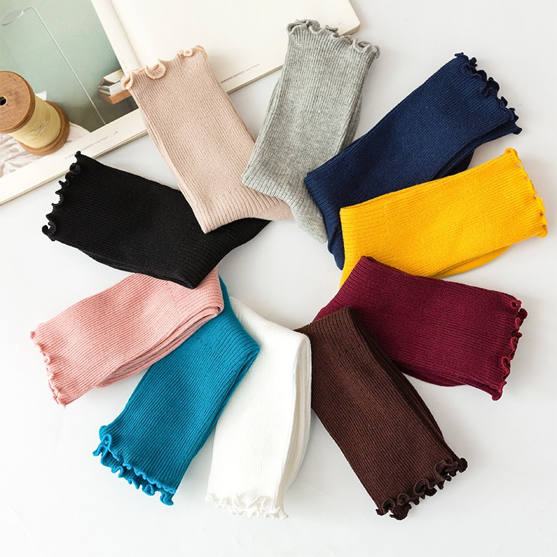 Calcetines apilables de algodón para mujer, media pantorrilla, color sólido, ribete con volantes, estilo vintage, calcetines casuales para todas las estaciones, EU 35-40 (1 3 5 pares)