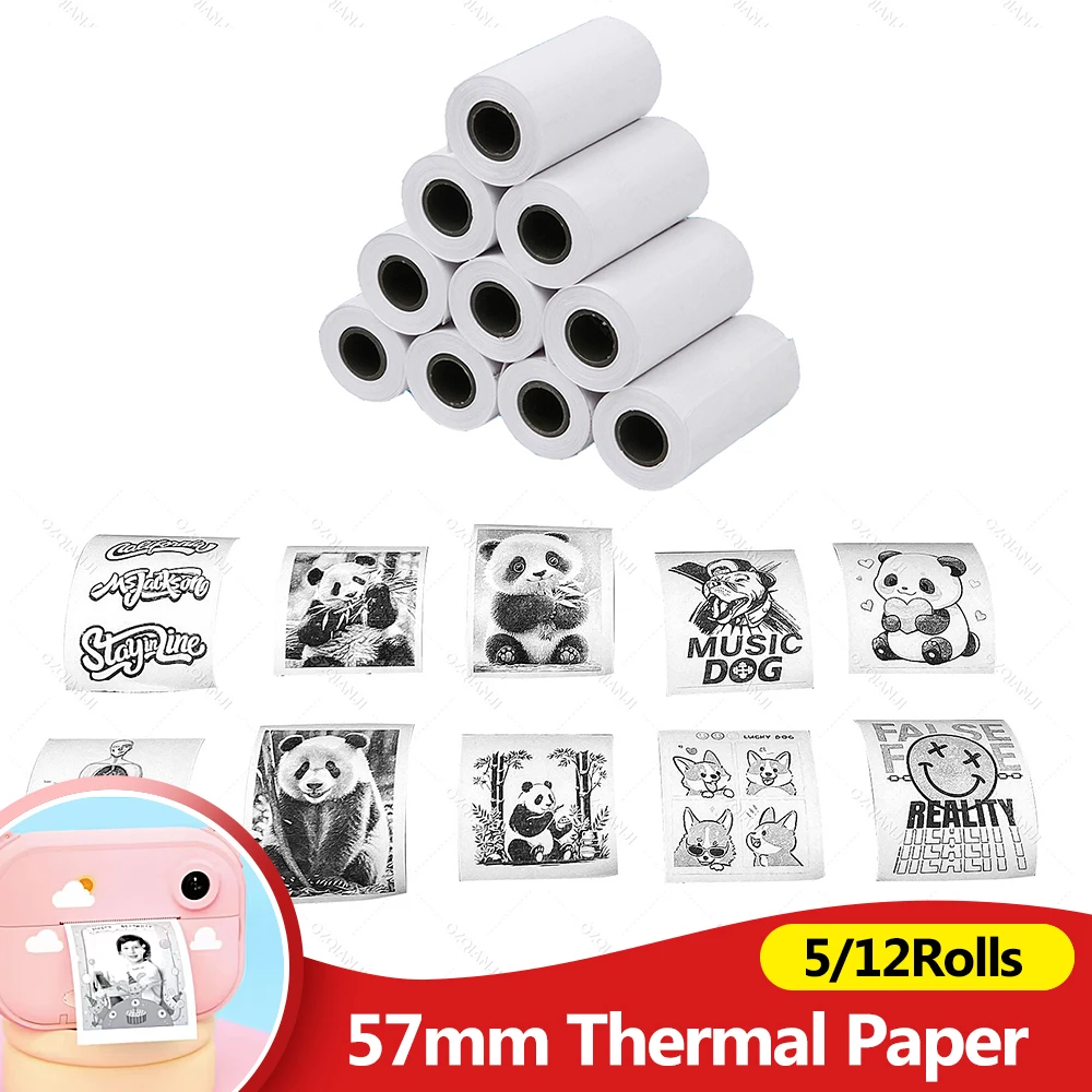 Recharge d'appareil Photo instantané pour enfants, 12 rouleaux de papier d'impression, 5 rouleaux d'impression thermique sans noyau pour imprimante Photo de reçus Mobile Portable de 57mm