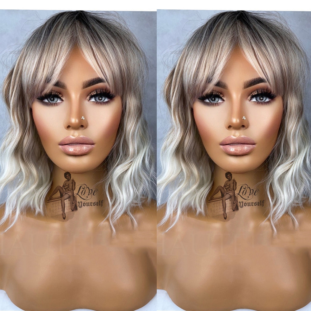 Ash Blonde Brown Balayage Highlights Streaks 14 Inch Bob Wig Wavy Lace Front Fringe Bangs Womens Wig Eye Catching Short