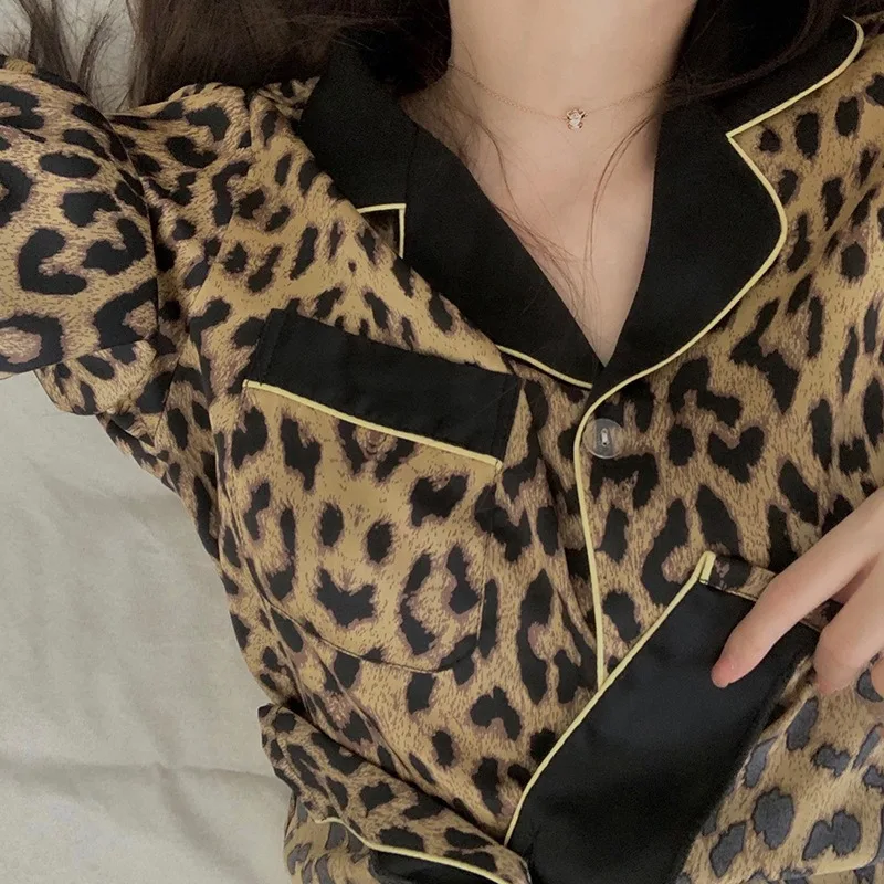 Tailândia primavera e outono pijamas conjunto moda feminina leopardo impressão de manga comprida pijamas loungewear senhoras luxo homewear