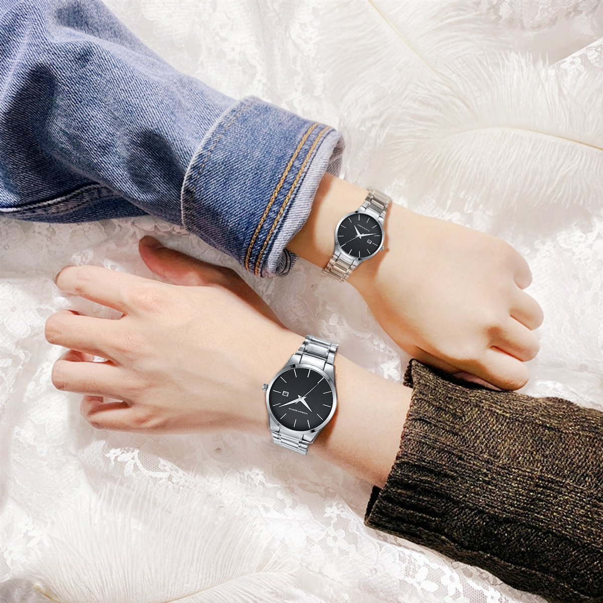 นาฬิกาควอทซ์2ชิ้นสำหรับคู่รักนาฬิกาสแตนเลสสตีลสีดำผู้ชายธุรกิจนาฬิกาของขวัญแบบเรียบง่ายสำหรับผู้หญิง Pareja Regalo