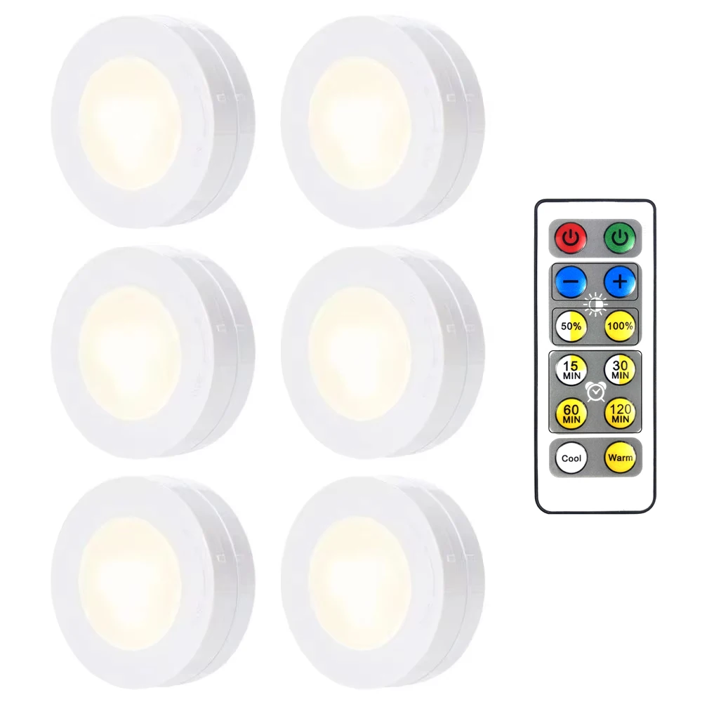 LED Puck Light Wireless Under Cabinet Lights with Remote Control Dimmable Battery Powered Night Lamp for Kitchen Closet Wardrobe