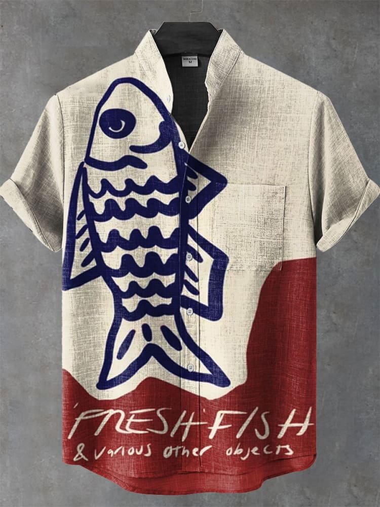 2025 men's new retro style fish pattern print men's casual linen comfortable fabric short sleeved shirt button top