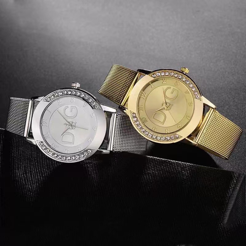 Relógio feminino, anel externo de diamante duplo areia superfície de diamante cinto de malha de aço relógio feminino