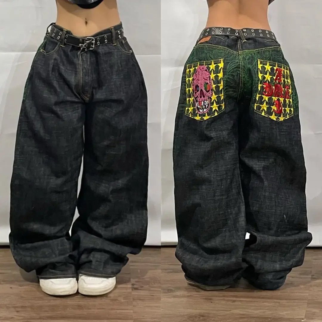 Ropa de calle, pantalones vaqueros anchos de cintura alta para hombre, estilo Y2K, Retro Harajuku, bordado de Hip Hop, pantalones holgados, pantalones góticos informales de gran tamaño, nuevo