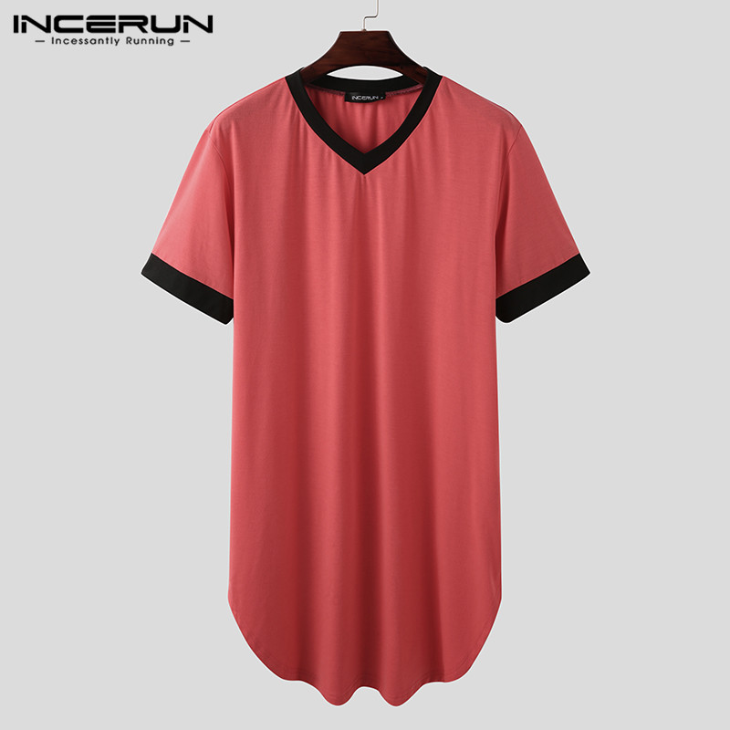 Incerun 2024 roupões de dormir masculinos manga curta com decote em v camisola retalhos aconchegante homewear moda solta roupões de banho masculinos