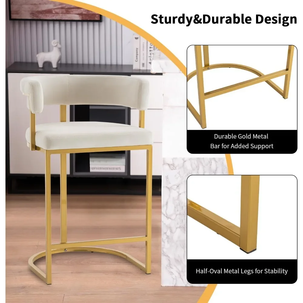 Beige Modern Velvet Bar Stools with Barrel Backrest, Upholstered Seat, and Metal Footrest – 25.6-Inch Seat Height