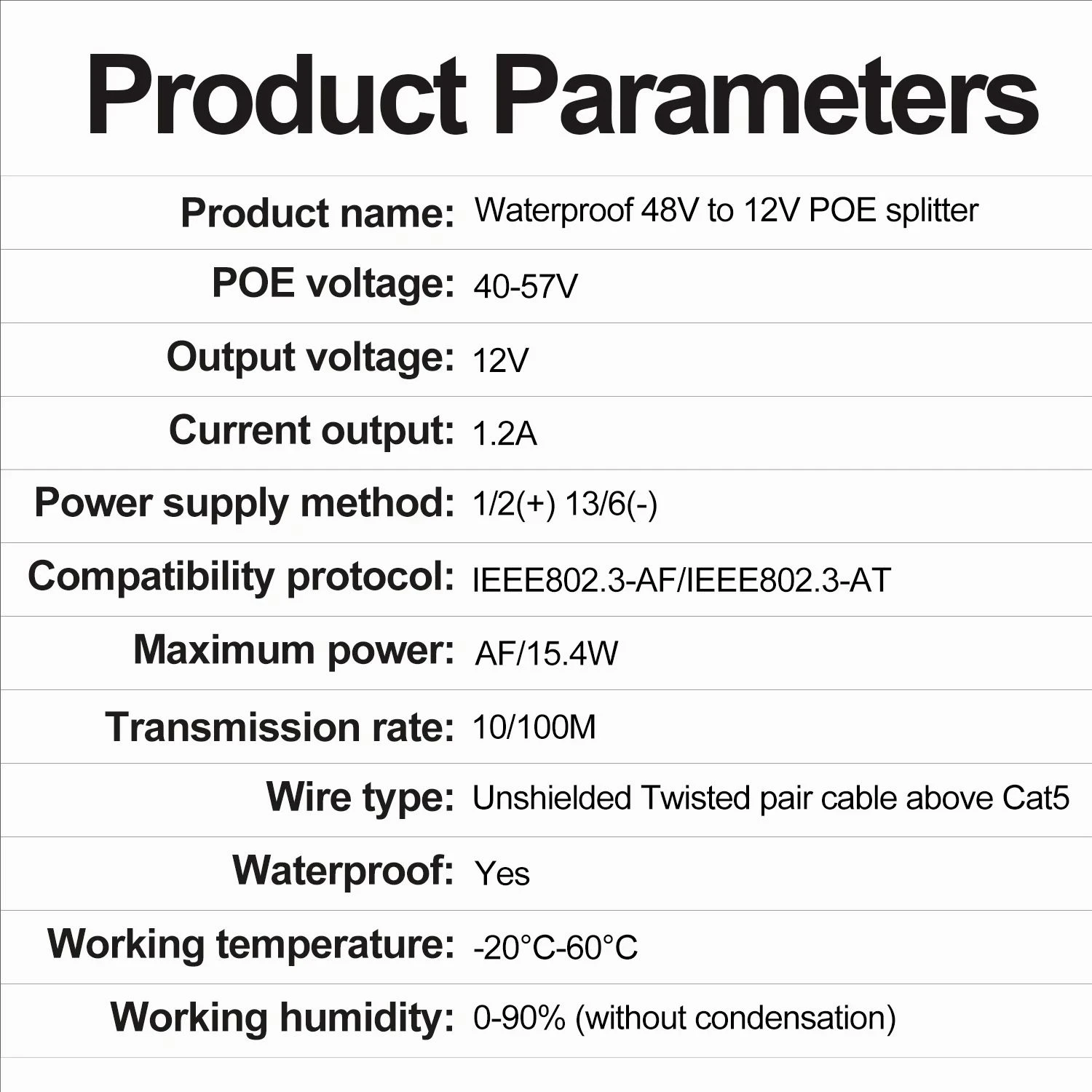 Divisor POE à prova d'água IP67 48V a 12V IEEE 802.3af/at Adaptador para câmera IP externa Sistema de segurança CCTV