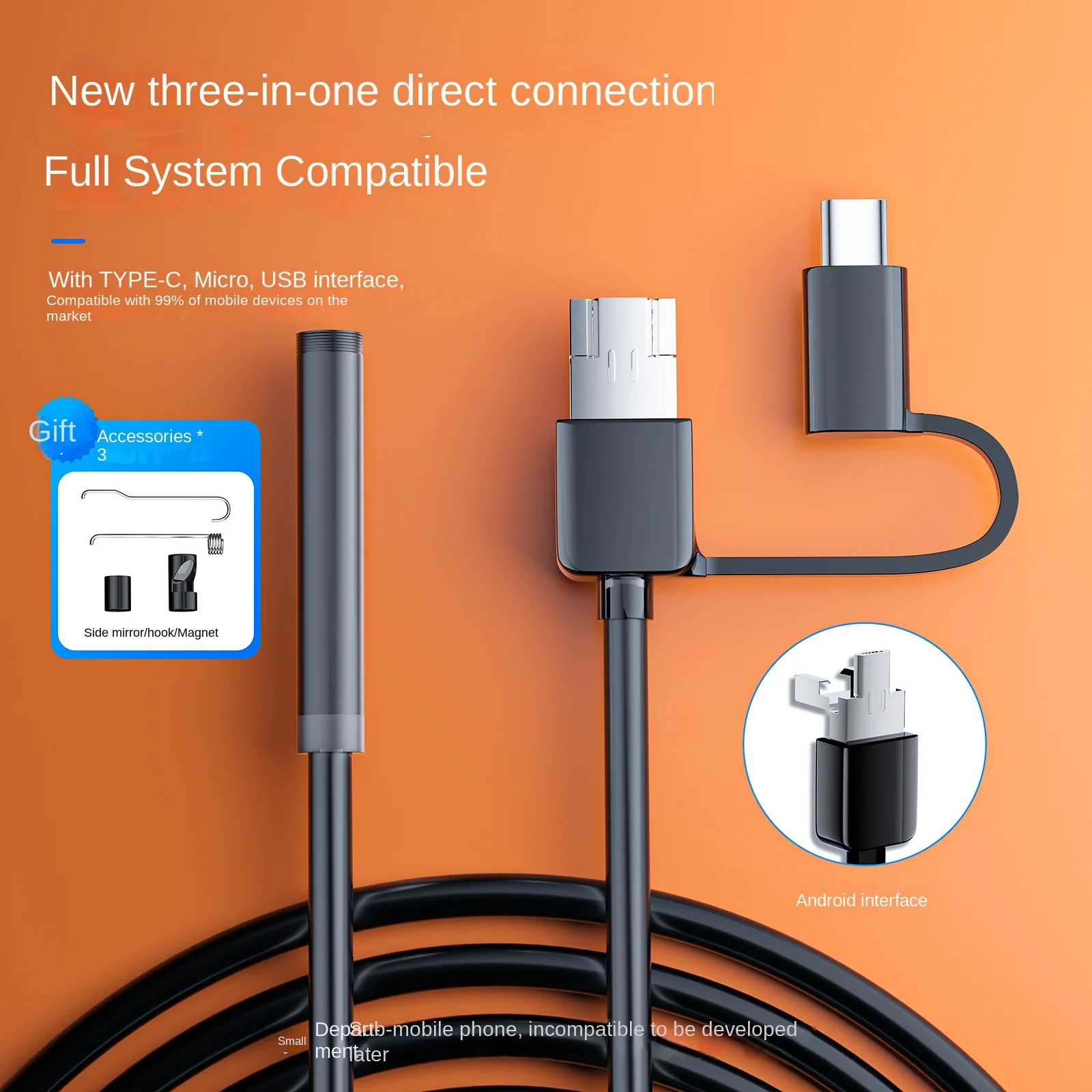 3-in-1 flexibele endoscoop high-definition camera mobiele Borescope zachte endoscoop Onderstel Veiligheidsinspectietools 7,0 mm