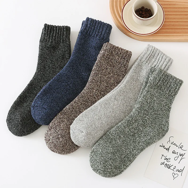 5 Paar dicke Winter-Fleece-gefütterte Thermo-Frottee-Socken für Herren in der Mitte der Wade, einfarbige Handtuchsocken aus gemischtem Kaschmir