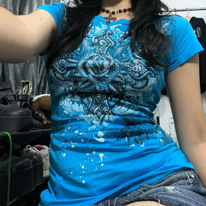 Camisetas Grunge Y2k para mujer, camiseta con estampado de diamantes de imitación de Vinage de los años 2000, camiseta estética Harajuku con cuello redondo, moda urbana