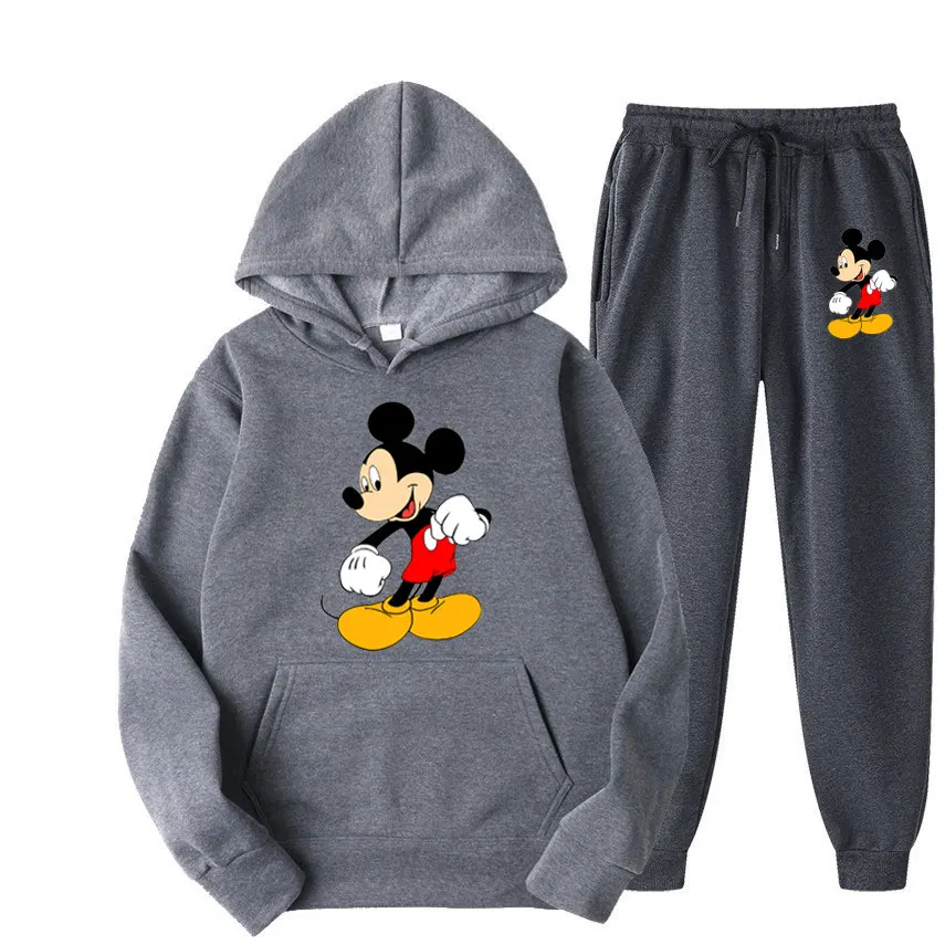 Mickey mouse dos desenhos animados anime feminino moletom moletom conjunto nova moda masculina pulôver calças terno outono casal moletom com capuz conjuntos de calças