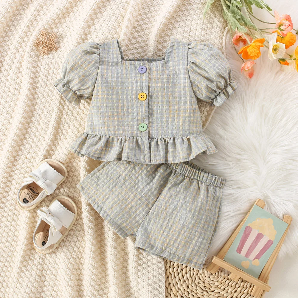(0-3 anni) Set di top e pantaloncini con maniche a palloncino scozzesi in cotone color cotone per bambina estiva Set di due pezzi stile principessa carino per ragazze