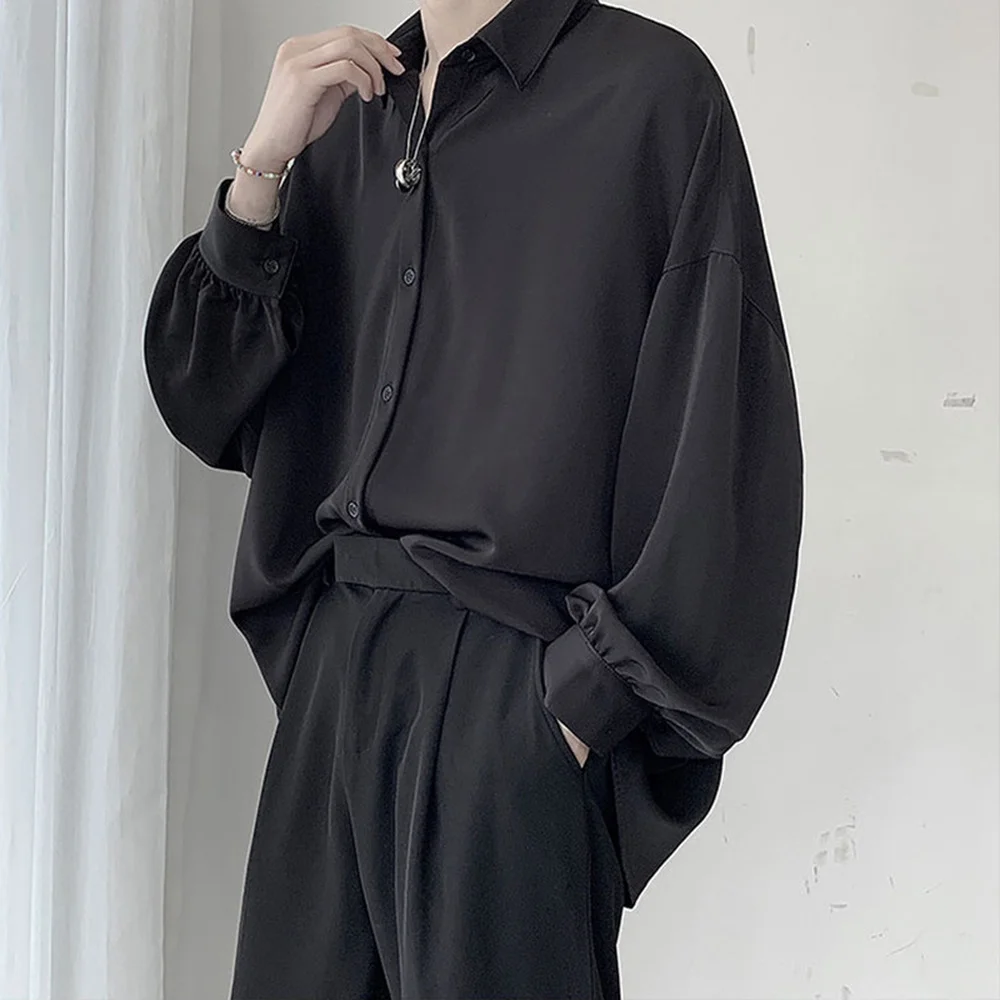 Korean Style Men's Long-sleeved Shirts Black Tie Cozy Casual Solid Oversize Blouses Breathable Loose Shirt Harajuku Male Clothes