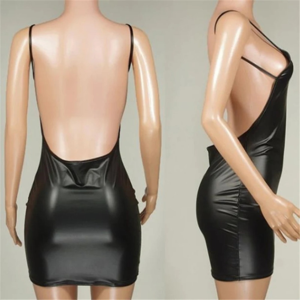 Abito sexy in ecopelle Abito corto da club party senza schienale Solido nero effetto bagnato Reggiseno push up aderente in lattice Mini micro abito