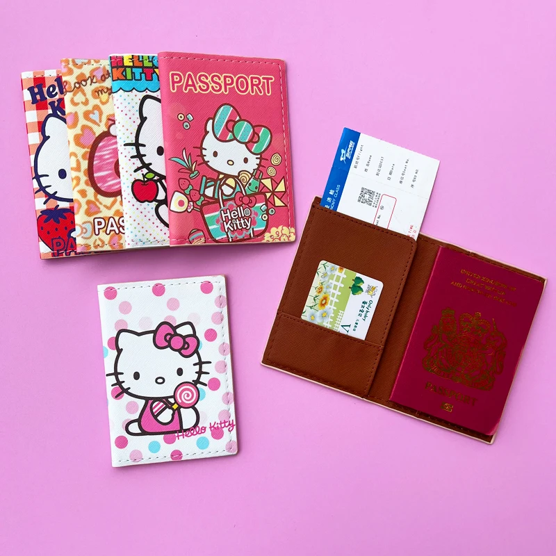 การ์ตูน HELLO KITTY ปกหนังสือเดินทางท่องเที่ยวกระเป๋าสตางค์ Unisex ธุรกิจมัลติฟังก์ชั่บัตรเครดิตกระเป๋าสตางค์ผู้หญิง Organizer Passport Case