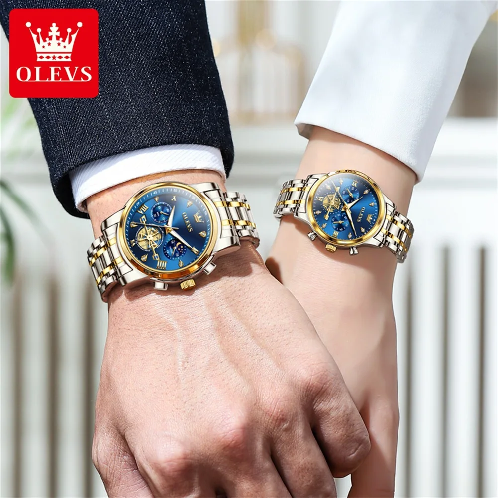 OLEVS นาฬิกาคู่เทรนด์แฟชั่นนาฬิกาข้อมือต้นฉบับคนรักที่สวยงามกล่องของเขาและนาฬิกากันน้ําส่องสว่างข้างขึ้นข้างแรม