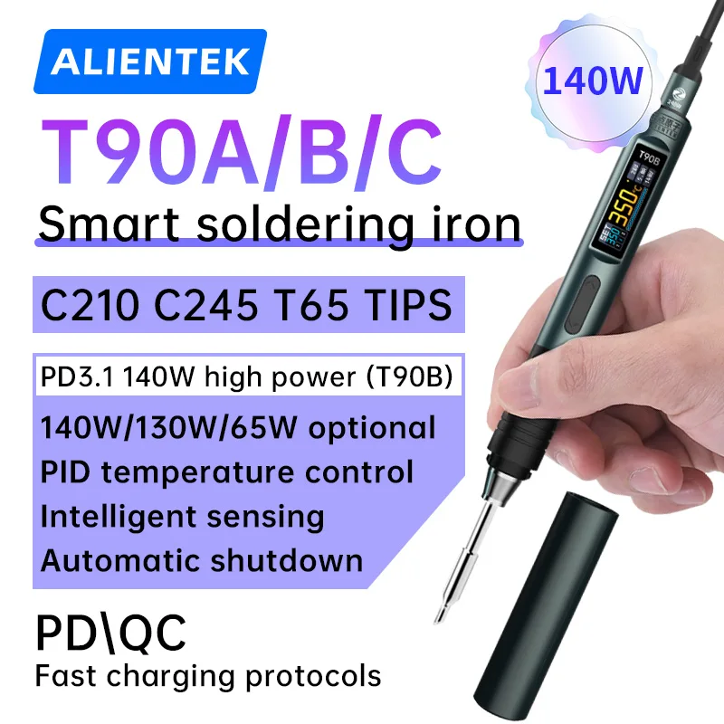 Умный паяльник ALIENTEK T90 PD 140 Вт с регулируемой температурой постоянного тока 28 В 80-450 ℃   Комплект сварочной паяльной станции C245 C210 T65 Инструменты