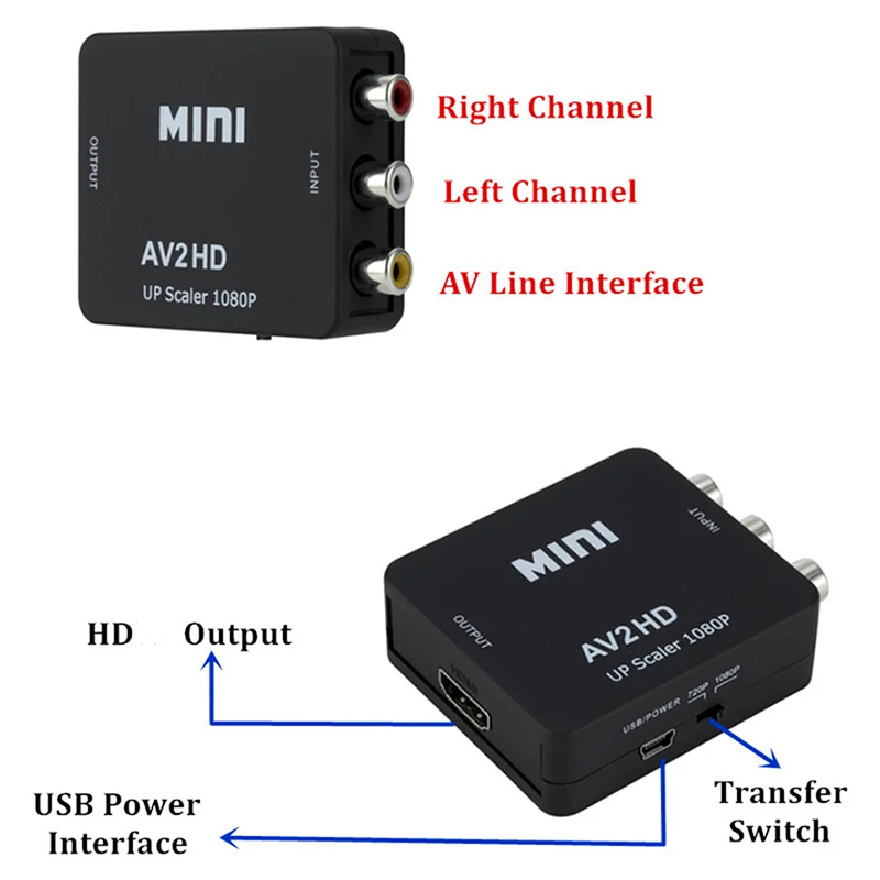 AV-HDMI 호환 어댑터 1080P 비디오 컴포지트 변환기 AV2HDMI 호환 RCA-HDTV CVSB L R 비디오 스케일러 변환기 상자