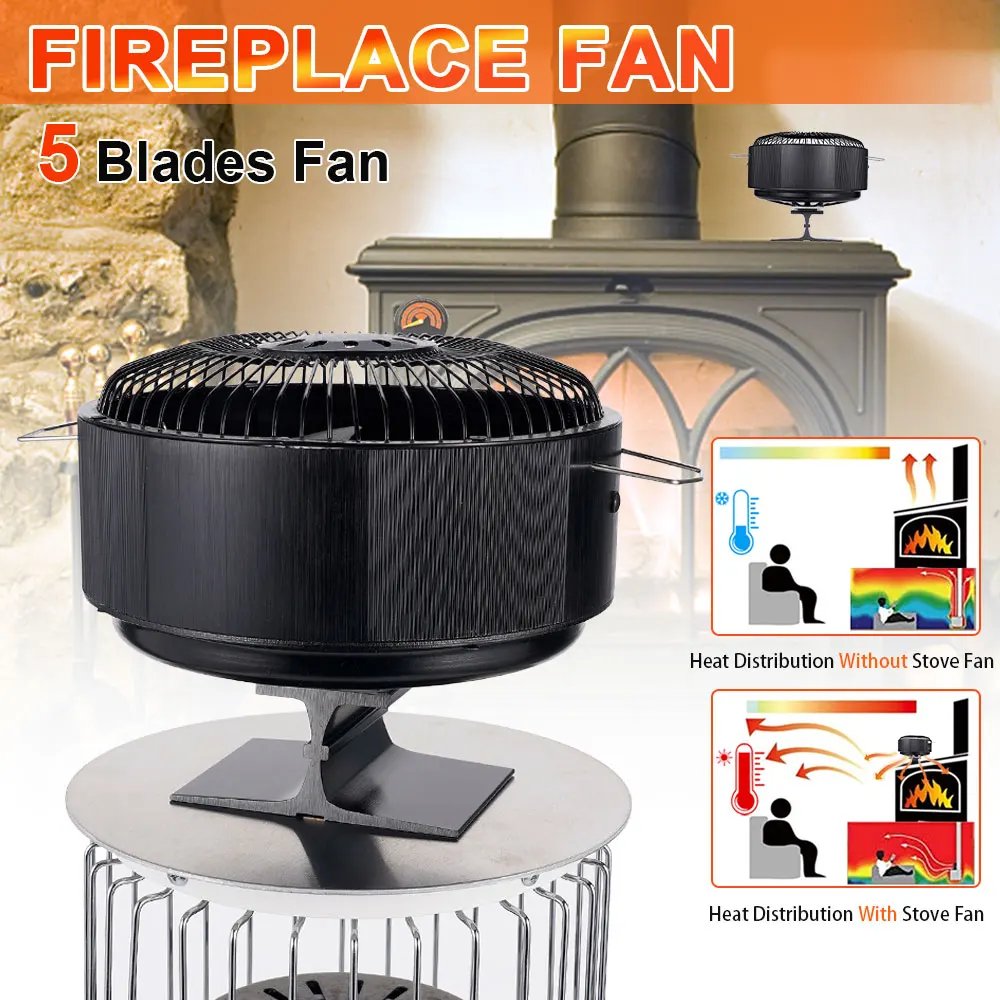 Ventilador de fogão com 5 lâminas, alimentado por calor, redondo, lareira de madeira, queimador silencioso, autônomo, aquecedor doméstico, distribuição de calor eficiente