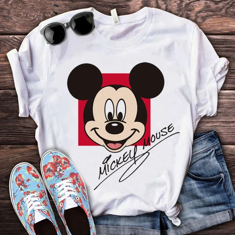 Disney Kawaii Mickey Mouse Kaus Kartun Wanita Y2K Kaus Uniseks Minnie Mouse Pasangan Kaus Lucu Pola Harajuku Atasan Wanita