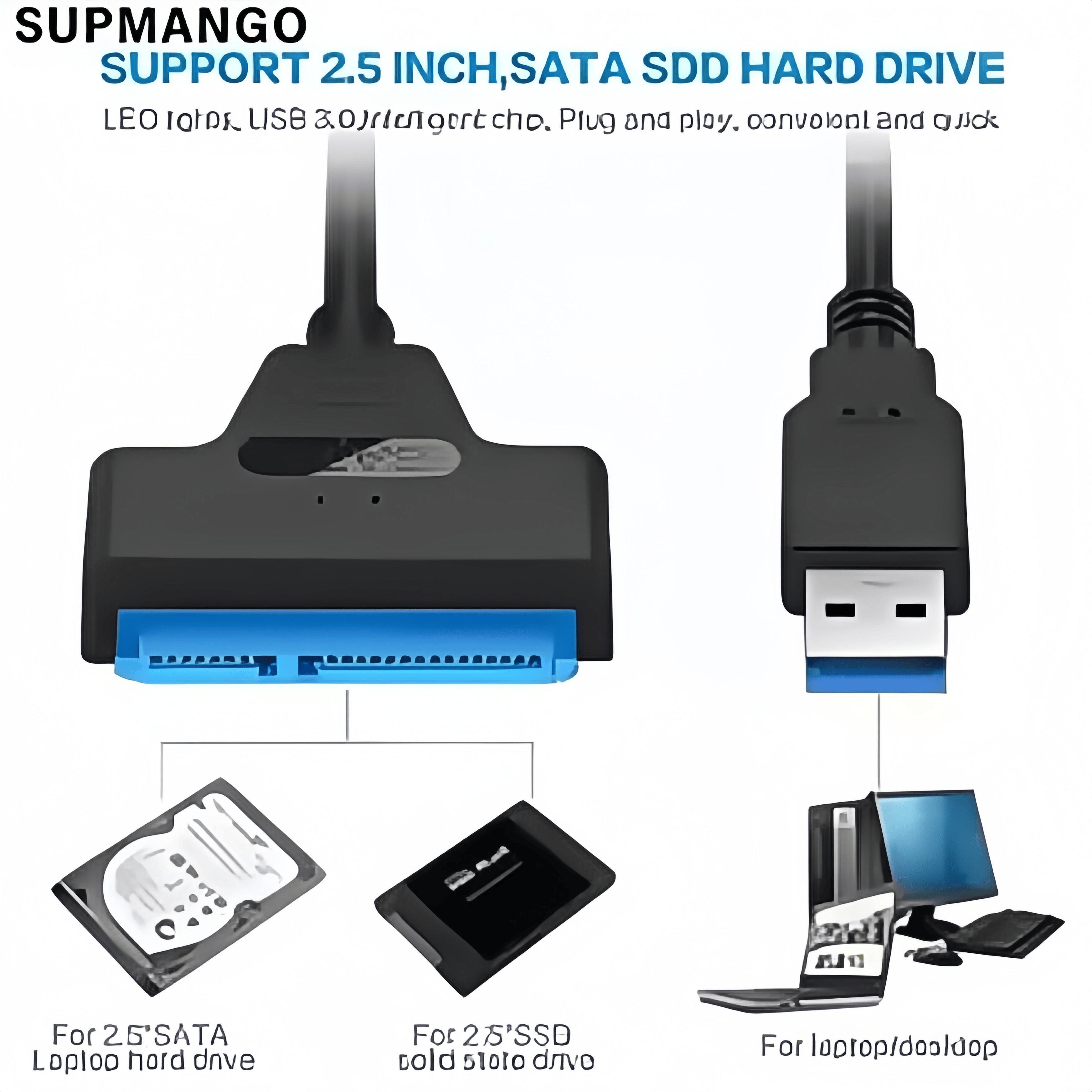 Cable adaptador USB 3.0 a SATA para HDD/SSD de 2,5" - Transferencia de datos de alta velocidad de 6 Gbps - Convertidor de disco duro SATA III (22 pines)