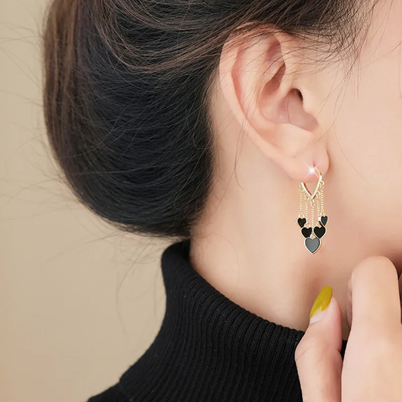 Leuke Zwarte Shell Liefde Dangle Oorbellen Voor Vrouwen Trendy Hartvorm Kwastje Oorbel Mode Veelzijdige Dagelijkse Werk Sieraden