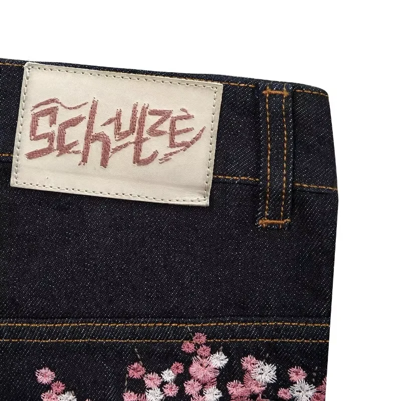 Y2K Harajuku jeans gótico vintage flor de ciruelo bordado patrón pantalones de pierna ancha hombres mujeres tela vaquera estilo americano ropa de calle