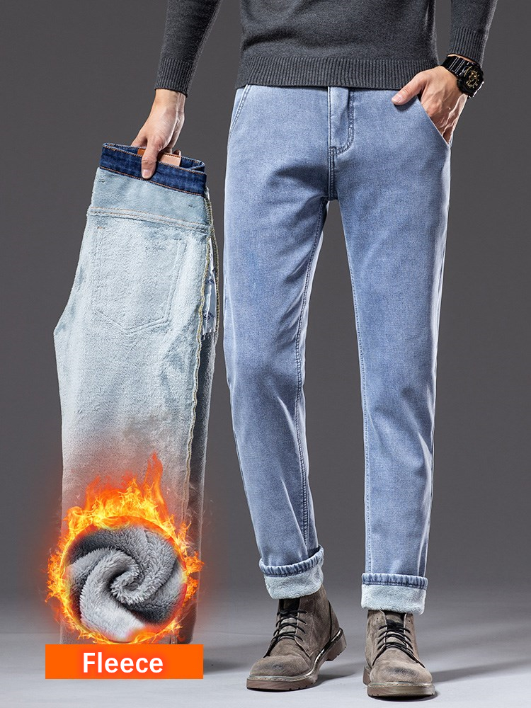 SHAN BAO-pantalones vaqueros rectos gruesos y cálidos de lana para hombre, Vaqueros vaqueros elásticos ajustados, informales, de negocios, a la moda, para invierno