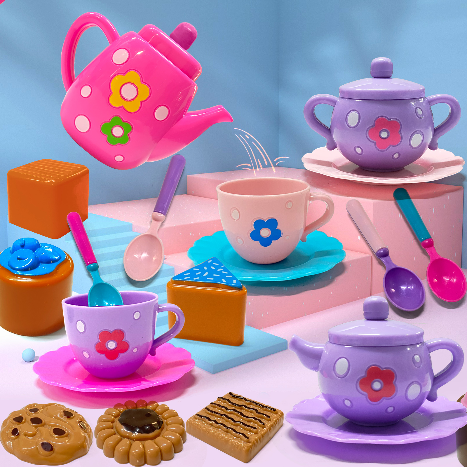 Juego de té para niñas pequeñas, juego de té, juego de té para niños pequeños, que incluye tetera, galletas, comida para juegos para niños, accesorios para fiesta de té
