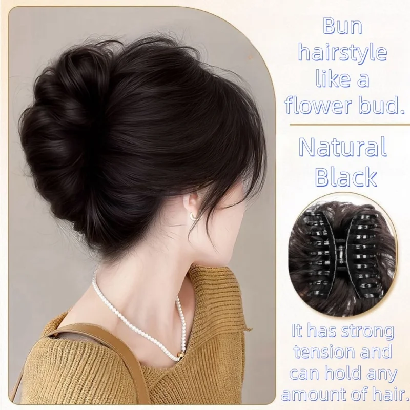 Synthetische damespruik - Luie bloemknopbroodje in scrunchie-stijl, modieus, natuurlijk en pluizig haarstukje.