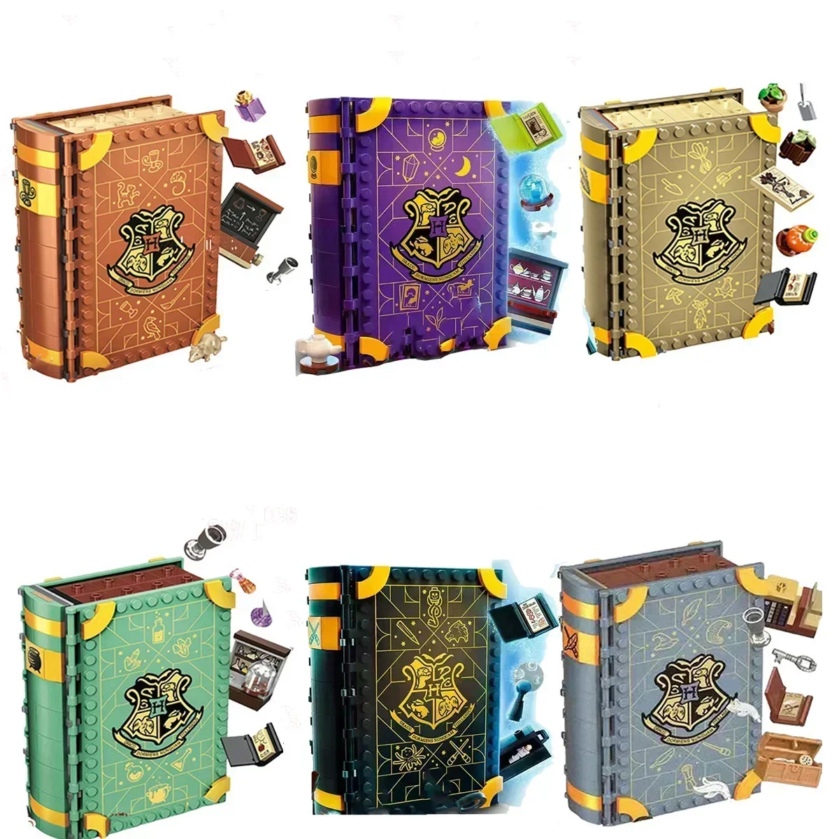 A Collection of 6 Magic Books, Building Blocks, Potions, Amulets, Herbology,  Scripts, Wizard Gifts Children Toys Toys Bricks