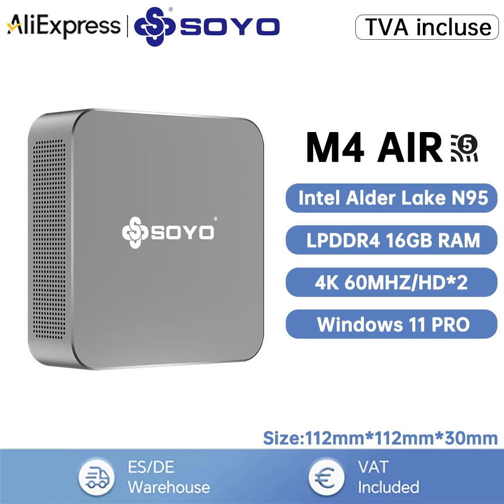 SOYO M4 Air Mini PC Intel 12th N95 (do 3,4 GHz) Mini komputer stacjonarny 8 GB RAM 256 GB SSD Obsługa 4K HDMI z podwójnym WiFi5 BT