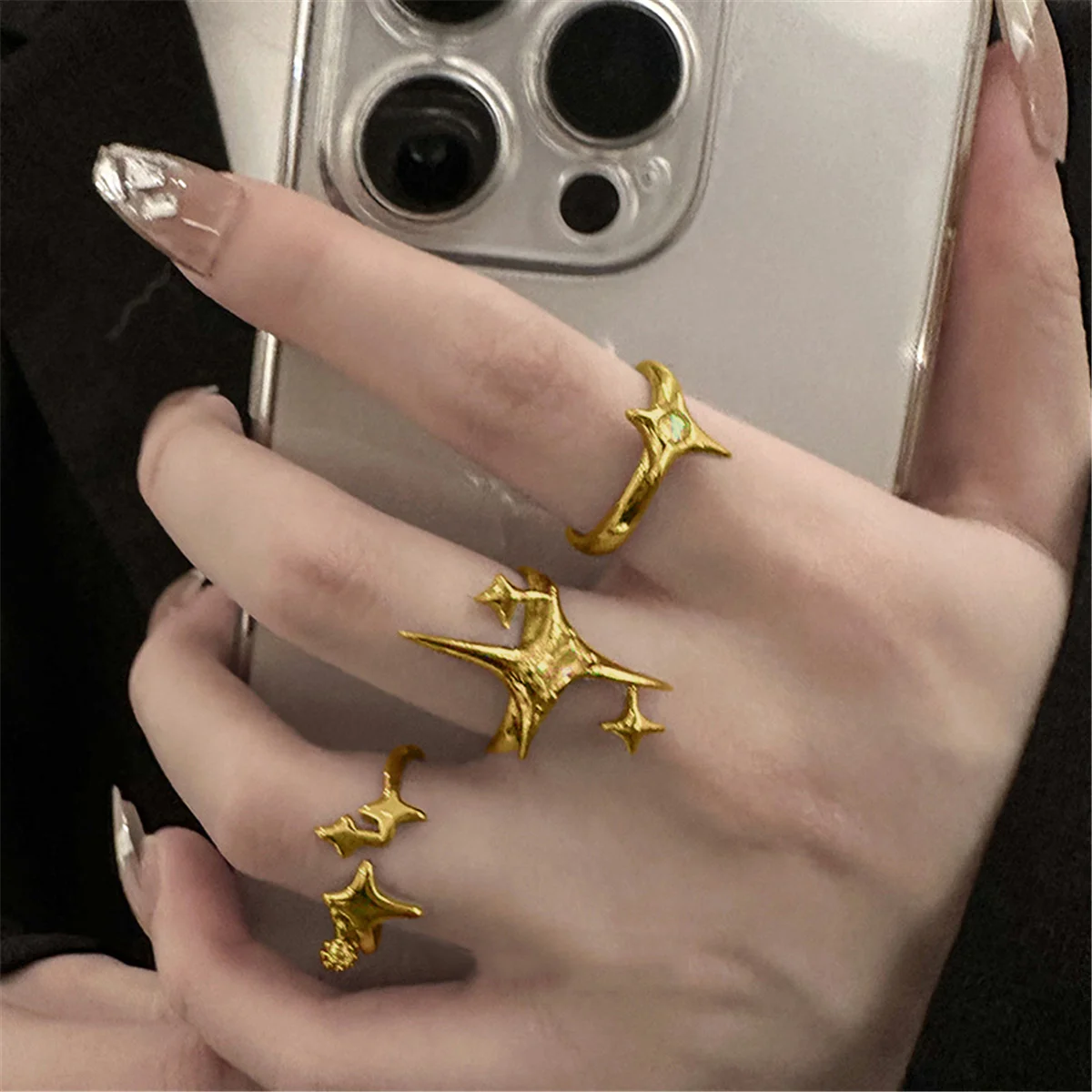Simpatico anello aperto con stella Y2k per donna Anelli regolabili color argento vintage creativo Regalo di gioielli per coppia