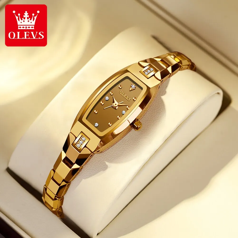 OLEVS นาฬิกาบางเฉียบสำหรับผู้หญิงหรูหราสายเหล็กทังสเตนรูปทรงสี่เหลี่ยมนาฬิกาควอตซ์เพชรสง่างาม