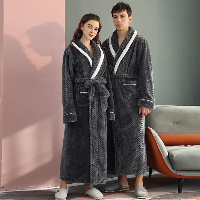Amantes do inverno sólido flanela engrossar conjuntos de robe casal longo roupão roupa de noite com bolso lingerie íntima roupas para casa