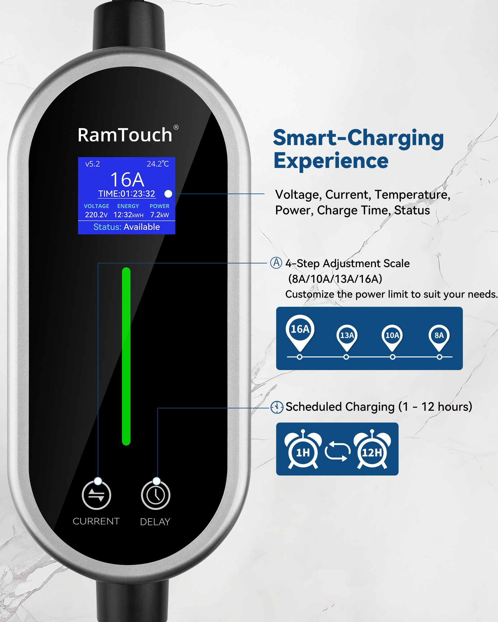 RamTouch Carregador EV Portátil Tipo 2, 3.7kW/7.4kW, 6.5M, Plugue Schuko ou CEE, Corrente Ajustável 8-16A/8-32A, LCD, LED, Temporizador de 1-12H