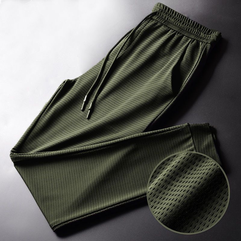 Pantalones de seda de hielo de verano para hombre, pantalones de malla transpirables informales finos de secado rápido, pantalones sueltos con pies elásticos, pantalones deportivos para Fitness