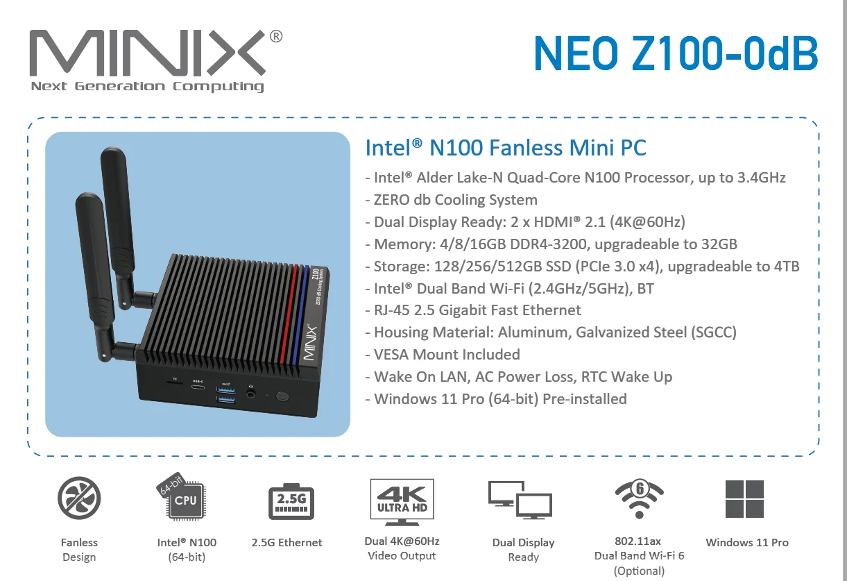 MINIX Z100 fanless mini PC , 16GB DDR4, 512GB M.2 PCIe X4 NVMe SSD Windows 11 Desktop Computer,2.5 GbE Ethernet, HDMI 4K