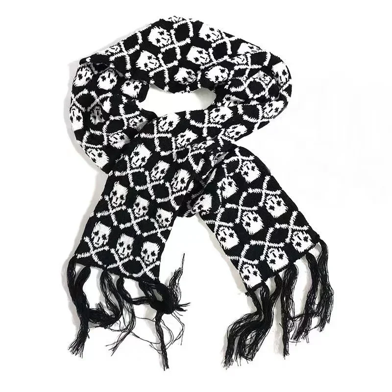 Bufanda de calavera Gótica para hombres y mujeres, chal de Pashmina de punto, Echarpe acrílico negro, envoltura de esqueleto Harajuku con flecos, Invierno