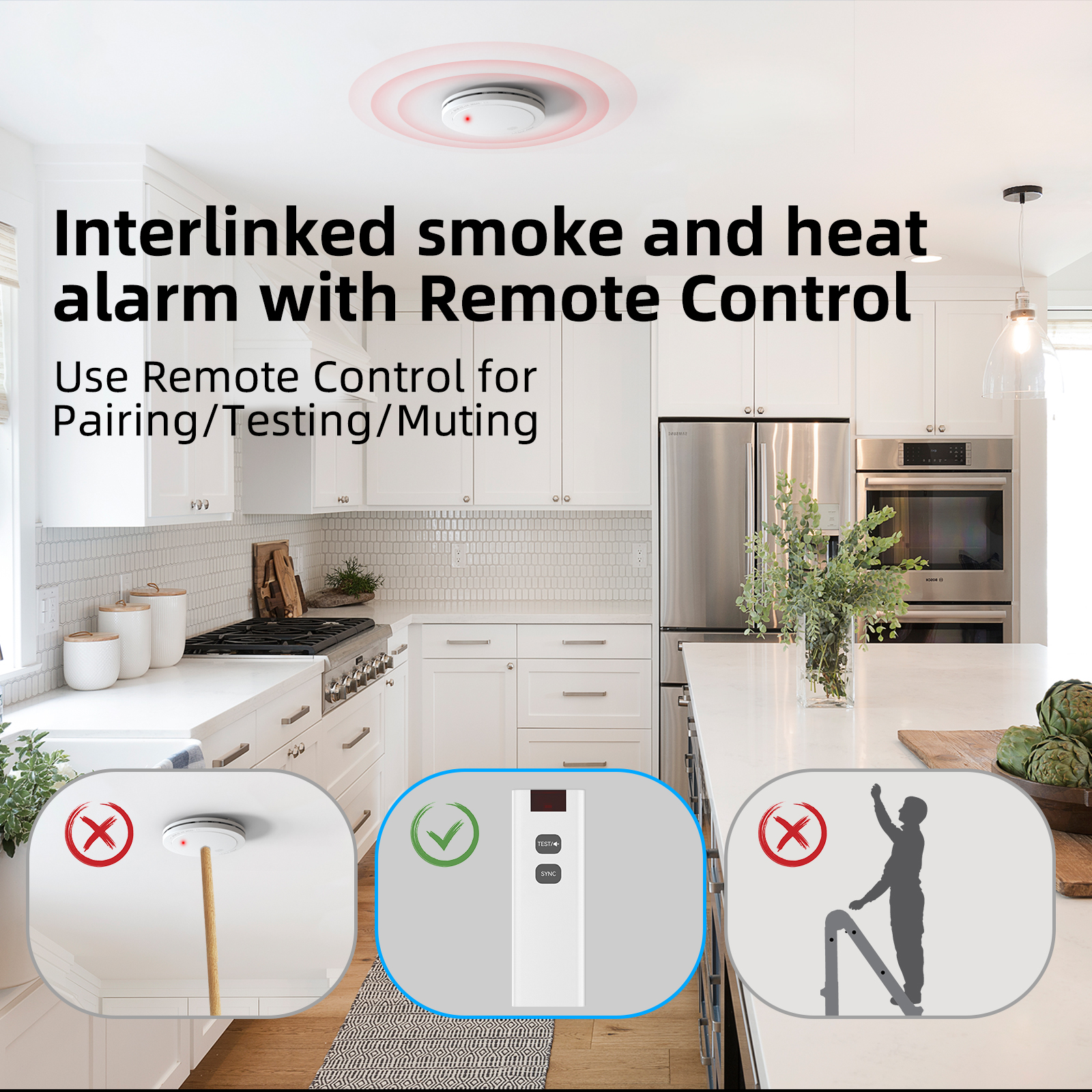 CPVAN Wireless Interlinked Smoke and Heat Alarm with 10-year Battery Life, Pre-Linked Fire Detectors with Remote Control
