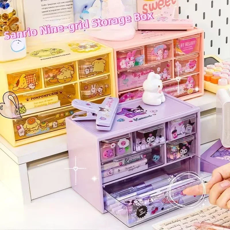 Scatole portaoggetti Sanrio a 3 livelli Kuromi Melody Pom Pom Purin Scatola portaoggetti per figure anime Scatola portaoggetti trasparente a 6 griglie tipo cassetto