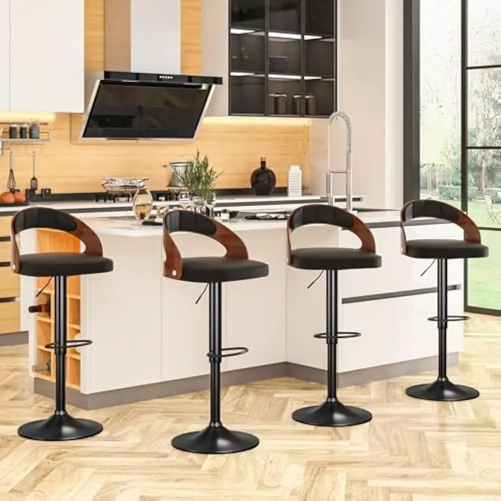Bar Stool Set of 4, Island Stools w/Bentwood Back, Arm&Footrest, Island Chairs Adjustable Height PU Leather Cushion Seat