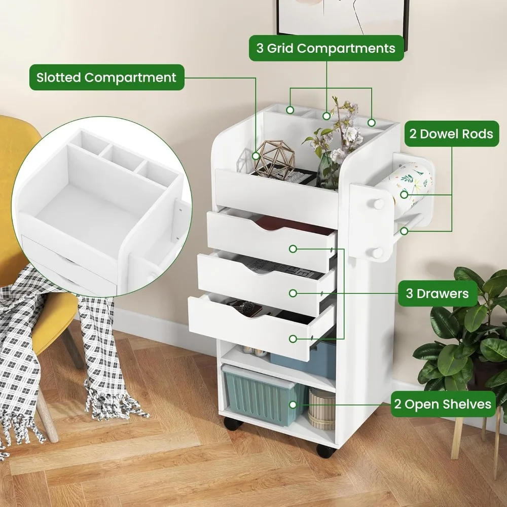 Rolling Storage Drawer Cart, Mobile Storage Cabinet with 3 Drawers, 2 Open Shelves, 2 Dowel Rods, Wooden Craft Organizer