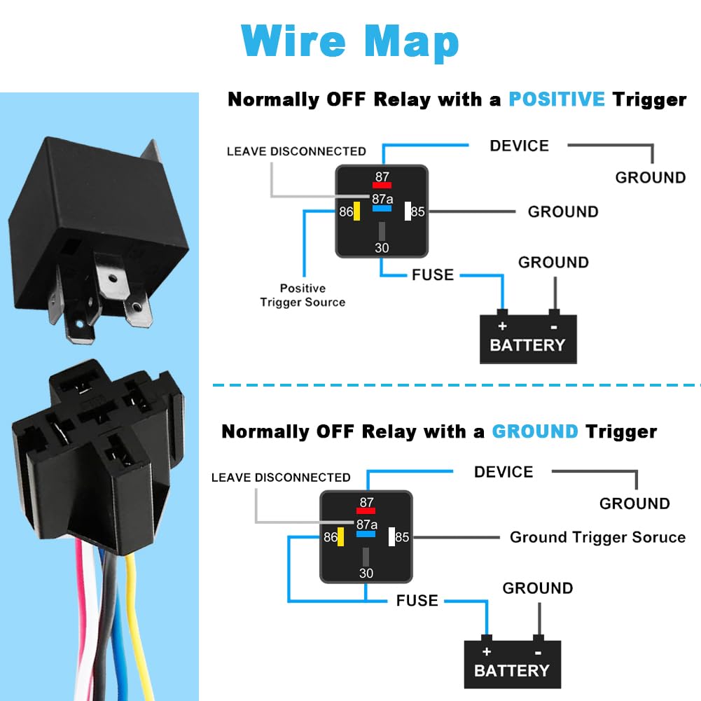 JD-1912 5 SZTUK 12V 5-pinowy przekaźnik samochodowy 40A z gniazdami SPDT, przewodami z oznaczeniem kolorów do samochodów ciężarowych, furgonów, motocykli i łodzi