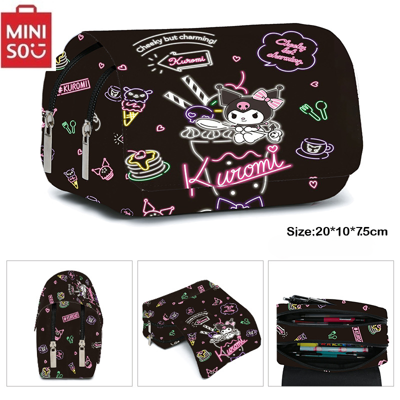 MINISO Kuromi tornister studenci Kawaii dwuwarstwowy piórnik plecak na co dzień o dużej pojemności nadruk kreskówkowy torba na długopis