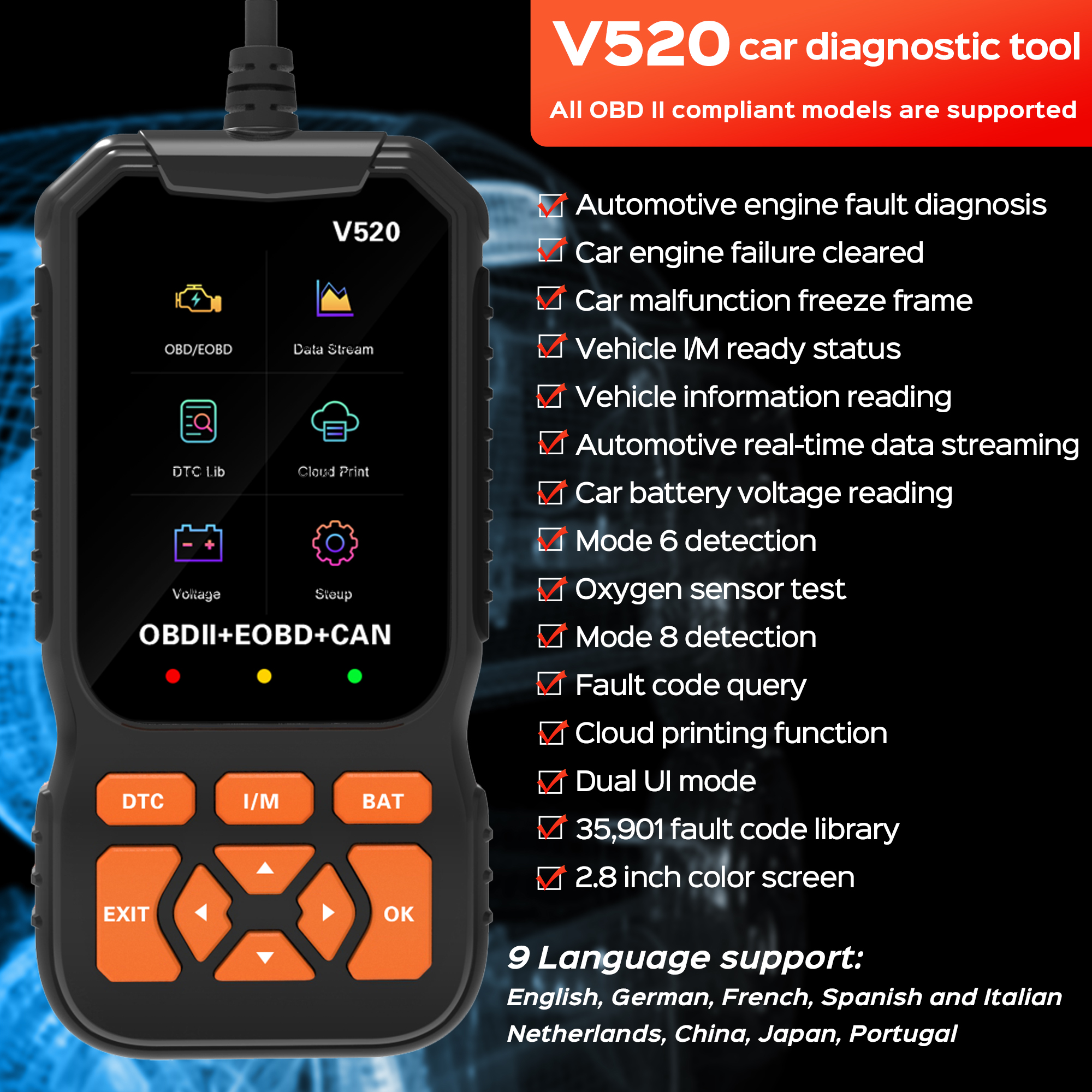 Herramienta de escaneo de diagnóstico de escáner de coche OBD2, lector de código de falla de vehículo mecánico profesional, luz de motor de control de código de falla de lectura automática para
