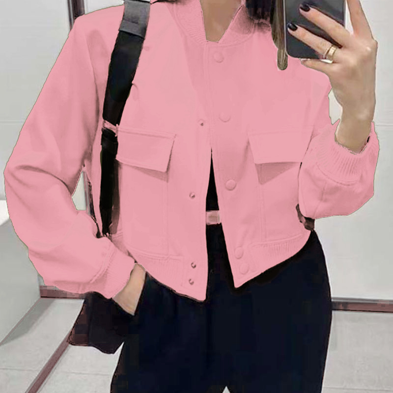แฟชั่นผู้หญิงElegant Solid Bomberเสื้อแจ็คเก็ตแขนยาวSlim Cropped Coatหญิงสบายๆเสื้อTRAFผู้หญิงStreetwear