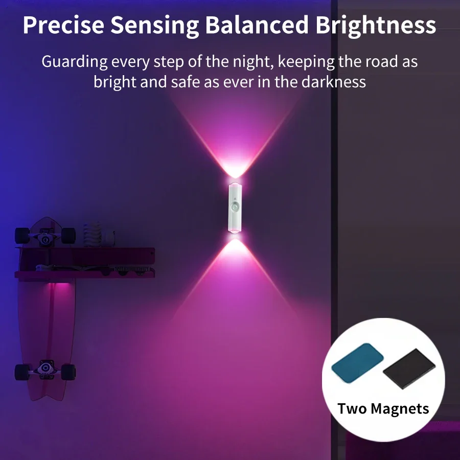 Luz noturna led de cabeça dupla com sensor de movimento, lâmpada de parede magnética recarregável rgb, luz ambiente para armário, corredor, escada