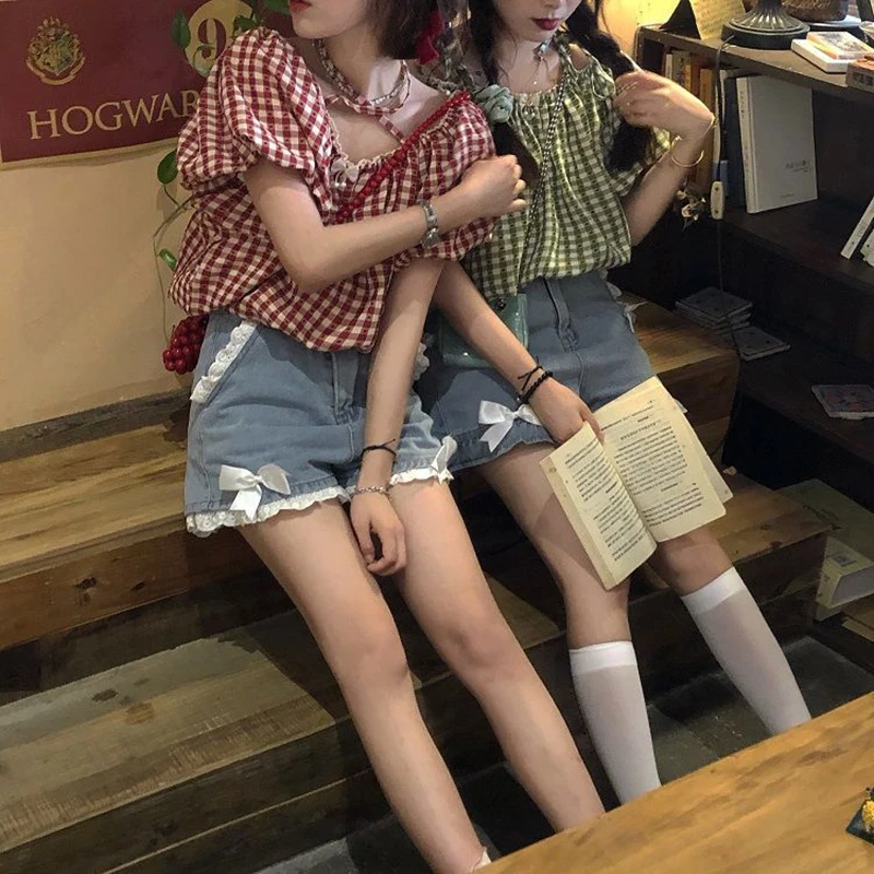 かわいい弓デニムショーツ女性日本レースパッチワークだぶだぶのジーンズショーツ夏 Y2K 原宿ハイウエストワイドレッグショートパンツ新